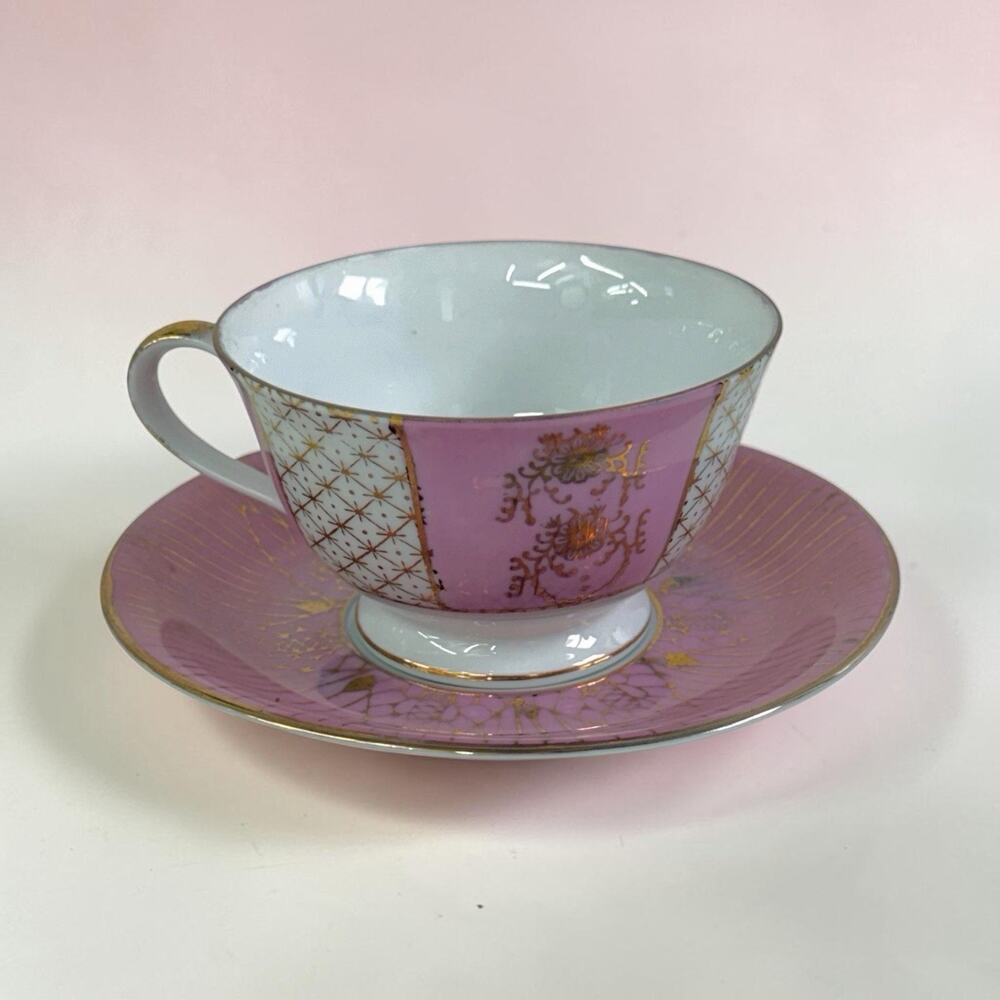 VTG TILSO Hand Painted Tea Cup Saucer Porcelain Star Gold Filigree Japan Luster